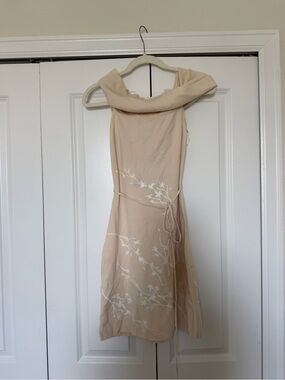 Meshki Beige Floral Midi Dress with Off-Shoulder Cowl